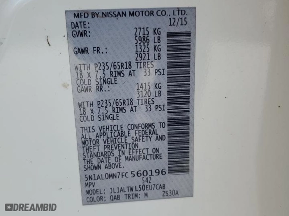 2015 Infiniti QX60 with VIN 5N1AL0MN7FC560196, listed as a Copart auction lot 75394234 with 0 mi miles and Non Repairable. Bid and sale history available at carsss.com. Image 14.