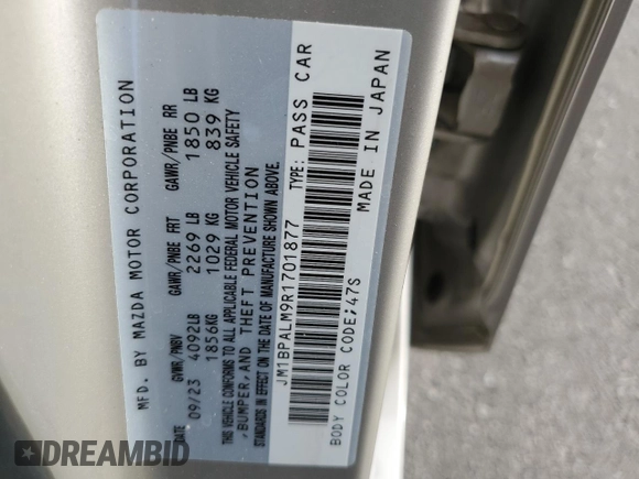 2024 Mazda 3 S Preferred with VIN JM1BPALM9R1701877, listed as a Copart auction lot 43782025 with 6,795 mi miles and Salvage title. Bid and sale history available at DreamBid. Image 13.