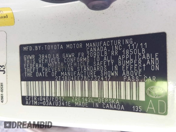 2011 Toyota Corolla L with VIN 2T1BU4EE7BC732417, listed as a IAAI auction lot 41780487 with 116,765 mi miles. Bid and sale history available at carsss.com. Image 9.