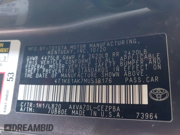 2021 Toyota Camry XSE z VIN 4T1K61AK7MU518176, wystawiony jako IAAI lot #42121890 z przebiegiem 70 634 mil mil oraz . Historia ofert i sprzedaży dostępna na DreamBid. Obrazek 9.