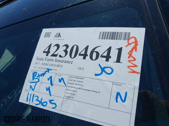 2017 Mercedes-Benz GLE 350 with VIN 4JGDA5HB8HA822516, listed as a IAAI auction lot 42304641 with 111,365 mi miles and . Bid and sale history available at DreamBid. Image 17.