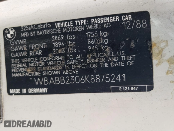 1989 BMW 3 Series z VIN WBABB2306K8875241, wystawiony jako Copart lot #75549524 z przebiegiem 161 039 mil mil oraz Czysty tytuł • Clean title. Historia ofert i sprzedaży dostępna na DreamBid. Obrazek 12.