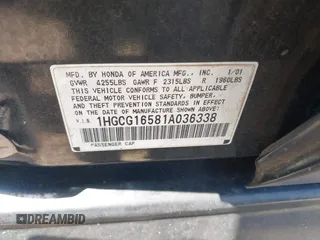 2001 Honda Accord EX with VIN 1HGCG16581A036338, listed as a IAAI auction lot 42603095 with 204,441 mi miles and . Bid and sale history available at DreamBid. Image 9.