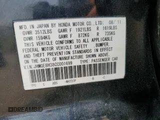 2012 Honda Fit с VIN JHMGE8H38CC001699, выставлен на аукционе Copart как лот 59593685 с пробегом 206 481 миль миль и Чистый • Clean title. История ставок и продаж доступна на DreamBid. Изображение 12.