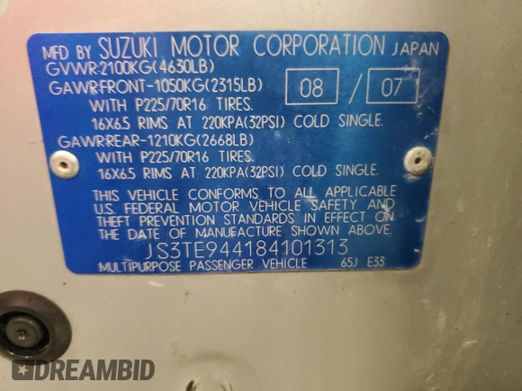 2008 Suzuki Grand Vitara XSport z VIN JS3TE944184101313, wystawiony jako Copart lot #83494084 z przebiegiem 115 504 mil mil oraz Szkoda całkowita • Salvage title. Historia ofert i sprzedaży dostępna na DreamBid. Obrazek 14.