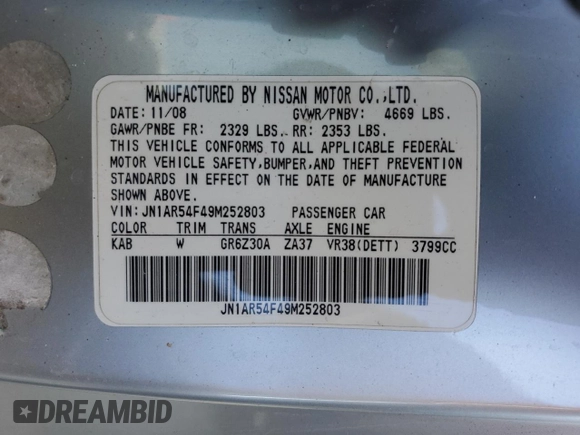2009 Nissan GT-R Premium z VIN JN1AR54F49M252803, wystawiony jako Copart lot #83905134 z przebiegiem Nie podano mil oraz Nie do naprawy • Non repairable. Historia ofert i sprzedaży dostępna na DreamBid. Obrazek 13.