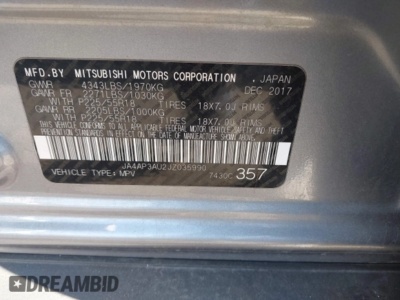 2018 Mitsubishi Outlander ES with VIN JA4AP3AU2JZ035990, listed as a IAAI auction lot 41130906 with 108,477 mi miles and . Bid and sale history available at DreamBid. Image 9.