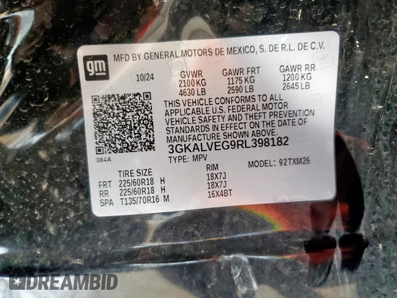 2024 GMC Terrain SLT with VIN 3GKALVEG9RL398182, listed as a Copart auction lot 63119525 with 17,379 mi miles and Clean title. Bid and sale history available at DreamBid. Image 13.
