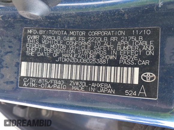 2011 Toyota Prius I z VIN JTDKN3DU0B0253881, wystawiony jako IAAI lot #42504310 z przebiegiem 148 758 mil mil oraz . Historia ofert i sprzedaży dostępna na DreamBid. Obrazek 9.