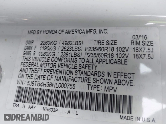 2017 Acura RDX with VIN 5J8TB4H36HL000755, listed as a IAAI auction lot 39087074 with 101,511 mi miles and . Bid and sale history available at DreamBid. Image 9.