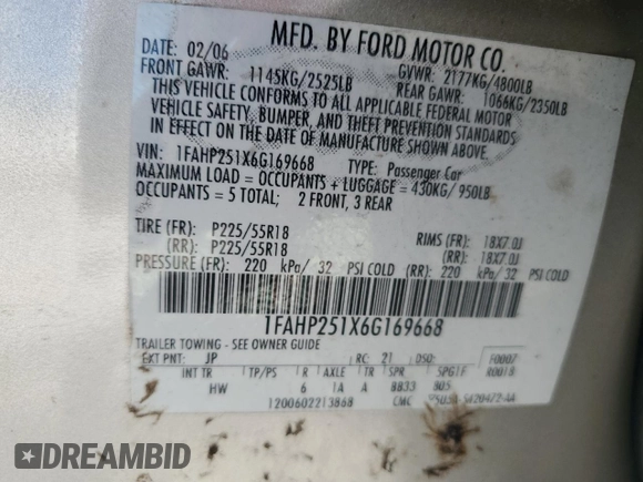 2006 Ford Five Hundred Limited с VIN 1FAHP251X6G169668, выставлен на аукционе Copart как лот 57578865 с пробегом 165 946 миль миль и Списание • Salvage title. История ставок и продаж доступна на DreamBid. Изображение 12.