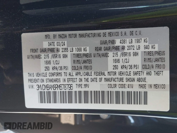 2024 Mazda CX-30 2.5 S with VIN 3MVDMBAM8RM678796, listed as a IAAI auction lot 41431867 with 11,516 mi miles. Bid and sale history available at carsss.com. Image 9.