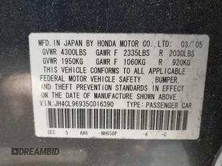 2005 Acura TSX with VIN JH4CL96935C016390, listed as a IAAI auction lot 42296236 with 125,033 mi miles and . Bid and sale history available at DreamBid. Image 9.