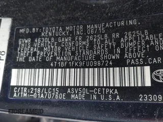 2015 Toyota Camry XLE with VIN 4T1BF1FK9FU098724, listed as a IAAI auction lot 42190809 with 181,605 mi miles and . Bid and sale history available at DreamBid. Image 9.
