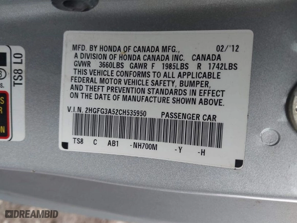 2012 Honda Civic Cpe LX with VIN 2HGFG3A52CH535950, listed as a IAAI auction lot 41496884 with 143,148 mi miles. Bid and sale history available at carsss.com. Image 9.
