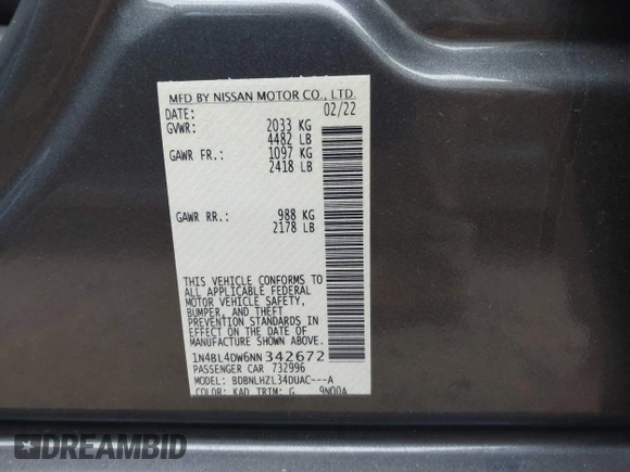 2022 Nissan Altima SV with VIN 1N4BL4DW6NN342672, listed as a IAAI auction lot 41297807 with 25,577 mi miles and . Bid and sale history available at DreamBid. Image 9.
