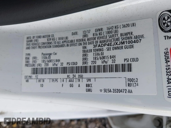 2018 Ford Fiesta SE z VIN 3FADP4EJXJM100407, wystawiony jako IAAI lot #42285374 z przebiegiem 90 261 mil mil oraz . Historia ofert i sprzedaży dostępna na DreamBid. Obrazek 9.