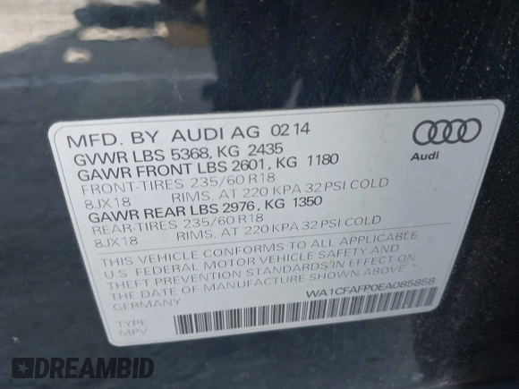 2014 Audi Q5 Premium z VIN WA1CFAFP0EA085858, wystawiony jako IAAI lot #41956522 z przebiegiem Nie podano mil oraz . Historia ofert i sprzedaży dostępna na DreamBid. Obrazek 9.