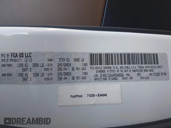 2017 Chrysler Pacifica Limited with VIN 2C4RC1GG4HR500560, listed as a IAAI auction lot 41764809 with 92,817 mi miles and . Bid and sale history available at DreamBid. Image 9.