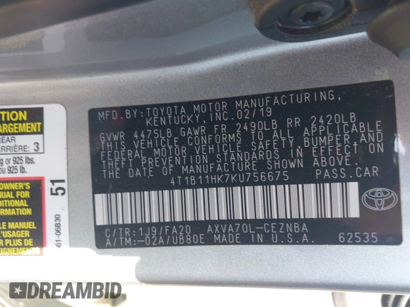 2019 Toyota Camry LE z VIN 4T1B11HK7KU756675, wystawiony jako IAAI lot #42063923 z przebiegiem 132 312 mil mil oraz . Historia ofert i sprzedaży dostępna na DreamBid. Obrazek 9.