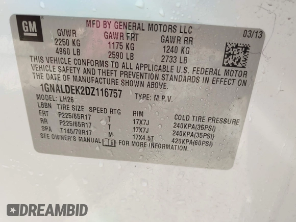 2013 Chevrolet Equinox LT with VIN 1GNALDEK2DZ116757, listed as a IAAI auction lot 42133108 with 101,553 mi miles and . Bid and sale history available at DreamBid. Image 9.