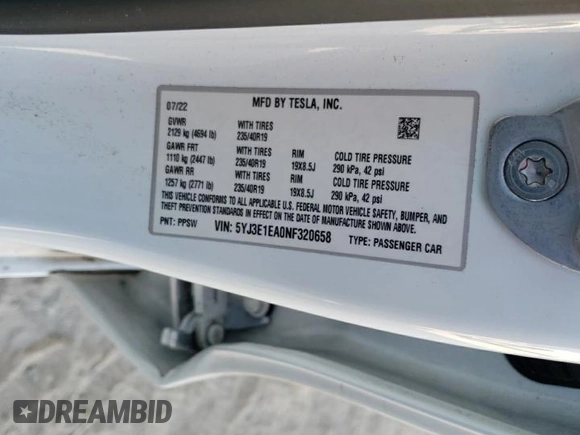 2022 Tesla Model 3 with VIN 5YJ3E1EA0NF320658, listed as a Copart auction lot 53317305 with 27,839 mi miles and Non Repairable. Bid and sale history available at carsss.com. Image 13.