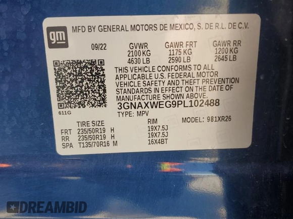 2023 Chevrolet Equinox RS with VIN 3GNAXWEG9PL102488, listed as a Copart auction lot 56200615 with 47,826 mi miles and Salvage title. Bid and sale history available at DreamBid. Image 14.