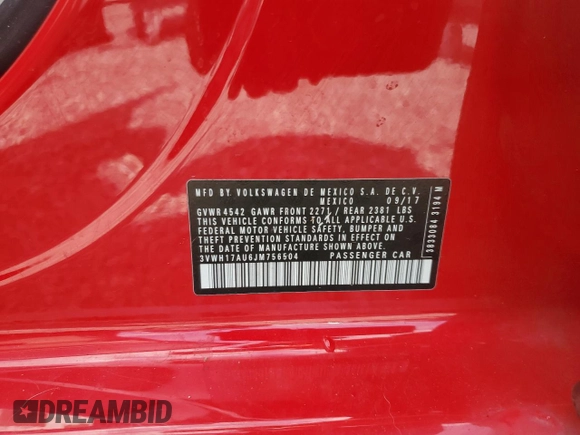 2018 Volkswagen Golf S z VIN 3VWH17AU6JM756504, wystawiony jako Copart lot #52148535 z przebiegiem 41 604 mil mil oraz Szkoda całkowita • Salvage title. Historia ofert i sprzedaży dostępna na DreamBid. Obrazek 12.