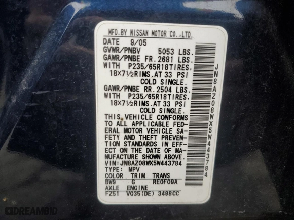 2005 Nissan Murano S with VIN JN8AZ08WX5W443784, listed as a Copart auction lot 85924974 with 194,197 mi miles and Salvage Title. Bid and sale history available at carsss.com. Image 13.