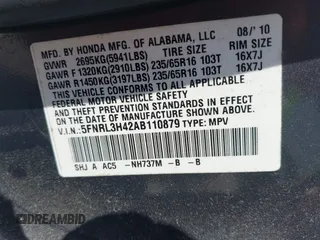 2010 Honda Odyssey EX with VIN 5FNRL3H42AB110879, listed as a IAAI auction lot 42257313 with 197,190 mi miles and . Bid and sale history available at DreamBid. Image 9.