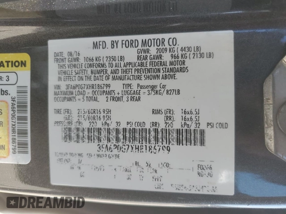 2017 Ford Fusion S with VIN 3FA6P0G7XHR186799, listed as a Copart auction lot 49870325 with 92,021 mi miles and Salvage Title. Bid and sale history available at DreamBid. Image 12.