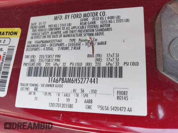 2017 Ford Mustang V6 with VIN 1FA6P8AM6H5277441, listed as a IAAI auction lot 42246898 with 75,790 mi miles and . Bid and sale history available at DreamBid. Image 9.
