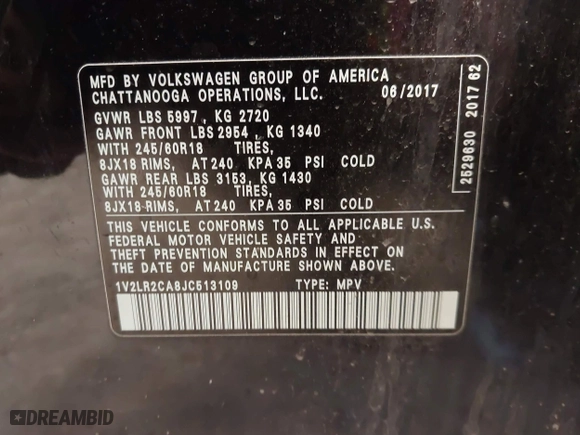 2018 Volkswagen Atlas 3.6L V6 SE with VIN 1V2LR2CA8JC513109, listed as a IAAI auction lot 41820598 with 69,532 mi miles. Bid and sale history available at carsss.com. Image 9.