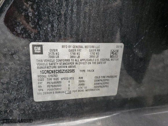 2016 Chevrolet Silverado 1500 Work Truck with VIN 1GCRCNEC8GZ352585, listed as a Copart auction lot 83984334 with 0 mi miles and Non Repairable. Bid and sale history available at carsss.com. Image 13.