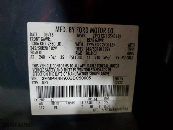 2016 Ford Edge Titanium with VIN 2FMPK4K9XGBC50605, listed as a Copart auction lot 46302165 with 154,556 mi miles and Salvage Title. Bid and sale history available at carsss.com. Image 14.
