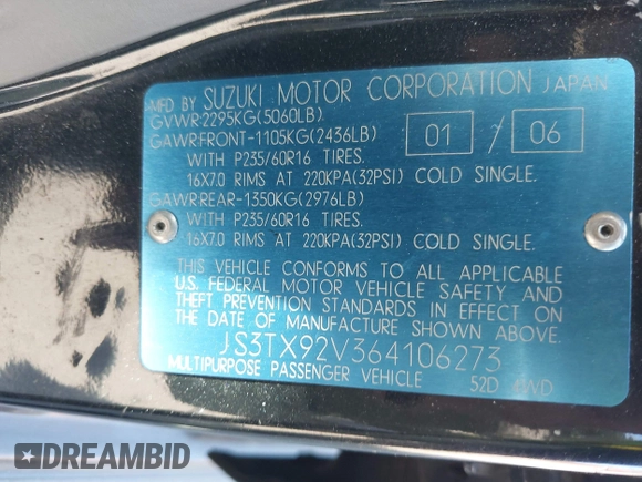 2006 Suzuki XL7 z VIN JS3TX92V364106273, wystawiony jako IAAI lot #42486973 z przebiegiem 192 177 mil mil oraz . Historia ofert i sprzedaży dostępna na DreamBid. Obrazek 9.