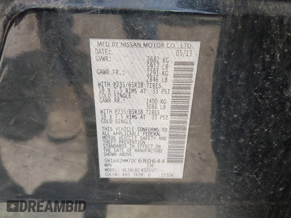 2013 Nissan Pathfinder Platinum with VIN 5N1AR2MM7DC680644, listed as a IAAI auction lot 42363143 with 215,060 mi miles and . Bid and sale history available at DreamBid. Image 9.