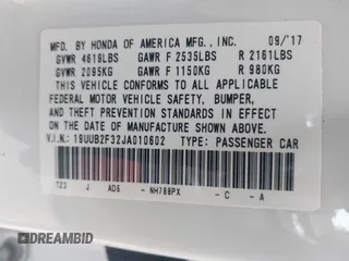 2018 Acura TLX with VIN 19UUB2F32JA010602, listed as a IAAI auction lot 42314195 with 60,666 mi miles and . Bid and sale history available at DreamBid. Image 9.