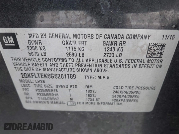 2016 GMC Terrain SLE with VIN 2GKFLTEK6G6201789, listed as a IAAI auction lot 41650607 with 174,082 mi miles. Bid and sale history available at carsss.com. Image 9.