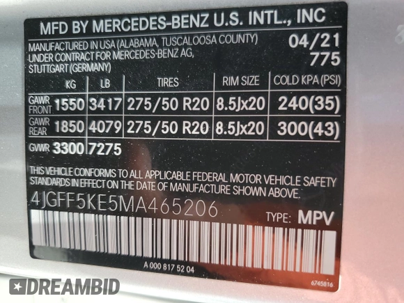 2021 Mercedes-Benz GLS 450 with VIN 4JGFF5KE5MA465206, listed as a Copart auction lot 55974954 with 60,964 mi miles and Salvage Title. Bid and sale history available at DreamBid. Image 15.