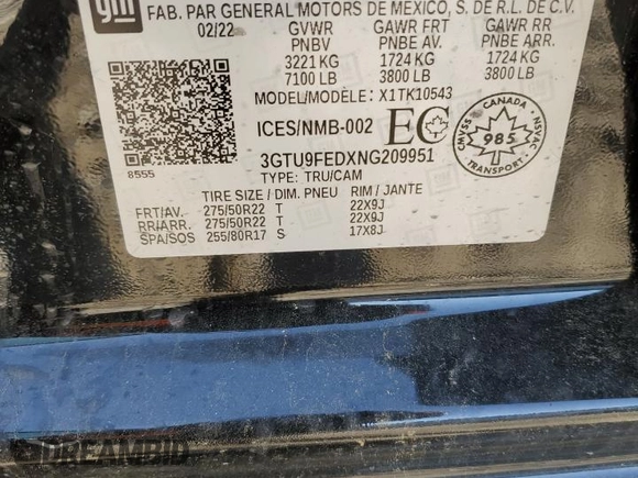 2022 GMC Sierra 1500 Denali with VIN 3GTU9FEDXNG209951, listed as a Copart auction lot 57488985 with 49,039 mi miles and Salvage title. Bid and sale history available at DreamBid. Image 12.