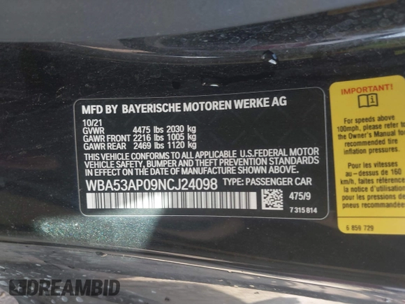 2022 BMW 4 Series 430i with VIN WBA53AP09NCJ24098, listed as a IAAI auction lot 41395007 with 34,062 mi miles and . Bid and sale history available at carsss.com. Image 9.