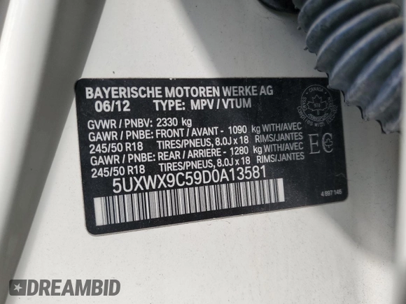 2013 BMW X3 xDrive28i with VIN 5UXWX9C59D0A13581, listed as a Copart auction lot 52074475 with Not Provided miles and Salvage Title. Bid and sale history available at DreamBid. Image 14.