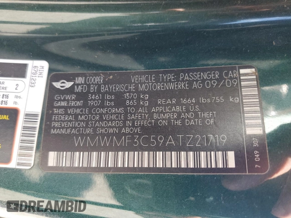 2010 MINI Hardtop z VIN WMWMF3C59ATZ21719, wystawiony jako Copart lot #56020765 z przebiegiem 96 249 mil mil oraz Szkoda całkowita • Salvage title. Historia ofert i sprzedaży dostępna na DreamBid. Obrazek 13.