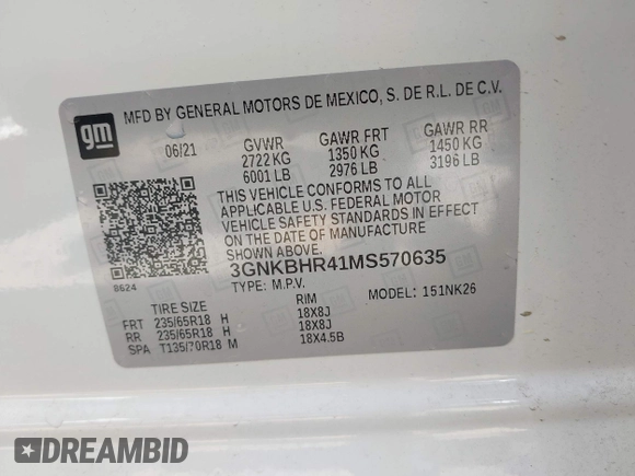 2021 Chevrolet Blazer LT with VIN 3GNKBHR41MS570635, listed as a IAAI auction lot 42059952 with 51,917 mi miles and . Bid and sale history available at DreamBid. Image 9.