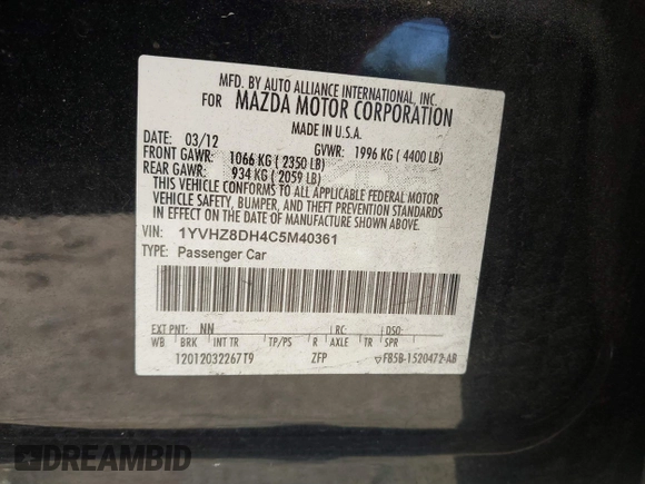 2012 Mazda 6 i Touring with VIN 1YVHZ8DH4C5M40361, listed as a IAAI auction lot 41843158 with 188,501 mi miles and . Bid and sale history available at DreamBid. Image 9.