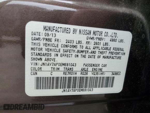 2014 Infiniti Q50 Hybrid Premium с VIN JN1AV7AP0EM691043, выставлен на аукционе Copart как лот 50598135 с пробегом 78 243 миль миль и Списание • Salvage title. История ставок и продаж доступна на DreamBid. Изображение 12.