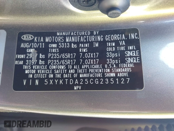 2012 Kia Sorento LX with VIN 5XYKTDA25CG235127, listed as a IAAI auction lot 41804019 with 176,000 mi miles. Bid and sale history available at carsss.com. Image 9.