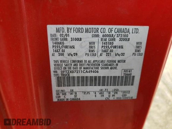 2001 Ford F-150 XL with VIN 2FTZX07211CA49406, listed as a Copart auction lot 60475125 with Not provided miles and Clean title. Bid and sale history available at DreamBid. Image 12.