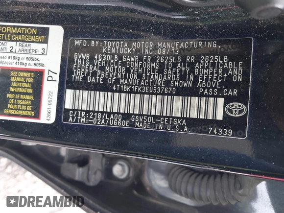 2014 Toyota Camry SE with VIN 4T1BK1FK3EU537670, listed as a IAAI auction lot 41649097 with 64,636 mi miles. Bid and sale history available at carsss.com. Image 9.